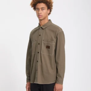 Camisa VOLCOM Hombre Manga Larga Beige Levelstone Pespunte Blanco