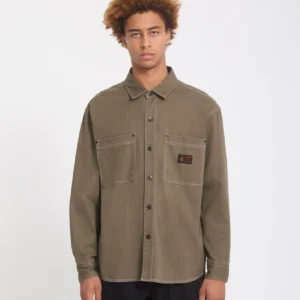 Camisa VOLCOM Hombre Manga Larga Beige Levelstone Pespunte Blanco